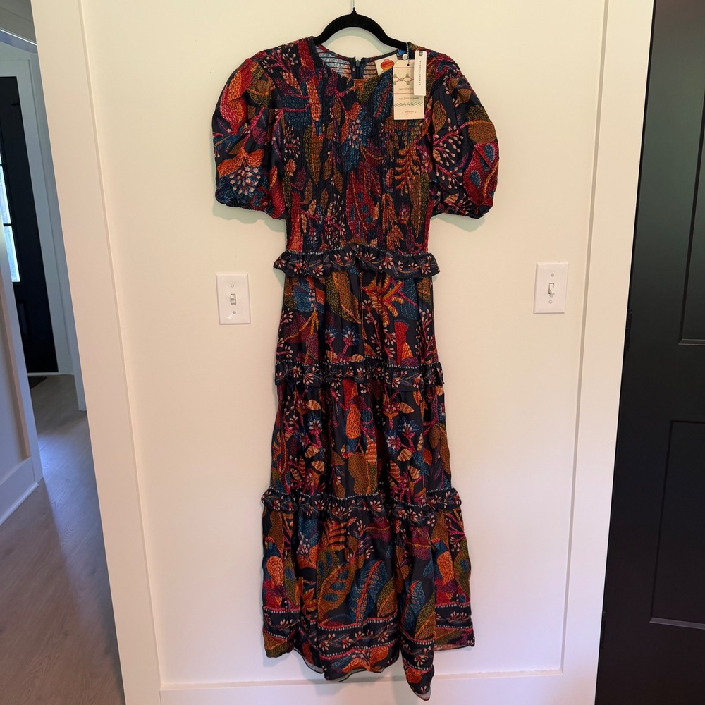 Farm Rio Anthropologie Smocked Maxi Dress Black Motif Tropical Puff Sleeve XS - Picture 2 of 4
